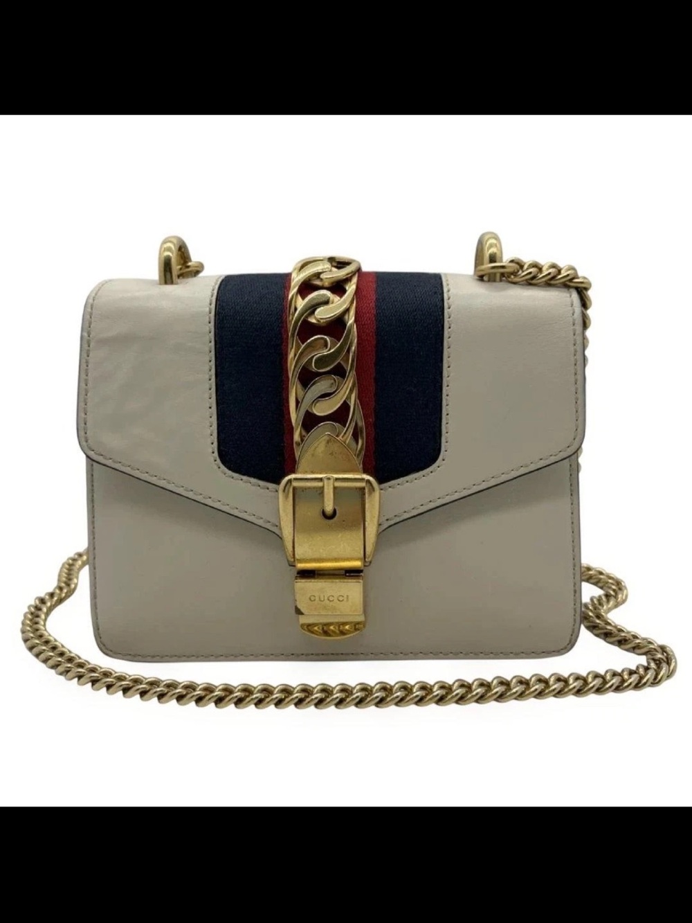 Gucci Cream Leather Shoulder Bag with Navy and Red Web Stripe and Gold Chain